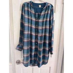 Akemi + Kin Anthropologie Plaid Wool Blend Tunic Top Teal Navy Burgundy M